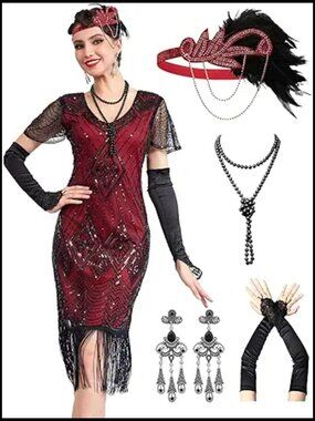 Vintage Flapper Dress with Sequin Fringe Beaded Sleeves Gatsby Costume